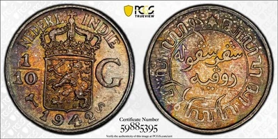 MS66 1942-S Netherlands East Indies 1/10 Gulden, PCGS Trueview- Rainbow Toned - Image 1 of 4