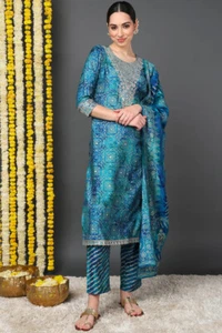 Indian New Trends For Teal Silk Blend Ethnic Motifs Printed Straight Suit Set - Picture 1 of 7