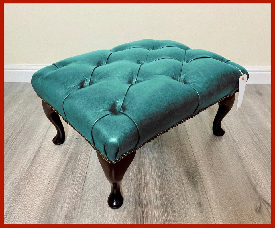 Chesterfield Buttoned Queen Anne Turqoise Faux Leather Footstool - Image 1 of 4