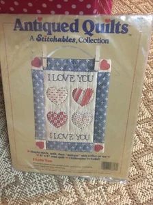 NEW! Dimensions Antiqued Quilts Stitchable Kit "I Love You" 6x8 w Clothespins - Picture 1 of 4