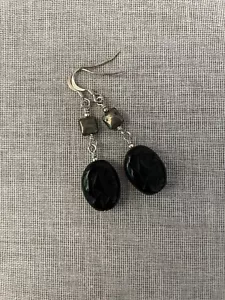 Vintage Pressed Jet Glass, Pyrite And Sterling Silver Dangle Earrings - Picture 1 of 5