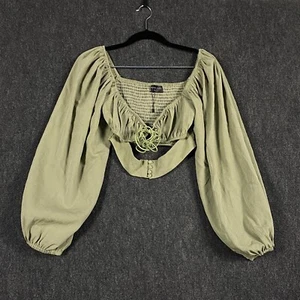 White Fox Womens Medium Crop Top Light Olive Sage Green Shirred Puff Sleeve NWOT - Picture 1 of 12