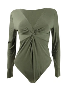 Bar III Women's Green Ribbed Long Sleeve V Neck Bodysuit Thong Top Size MEDIUM - Picture 1 of 2