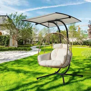 Double Hanging Egg Chair Outdoor Patio Wicker Chair with Stand Canopy Cushion - Picture 1 of 58