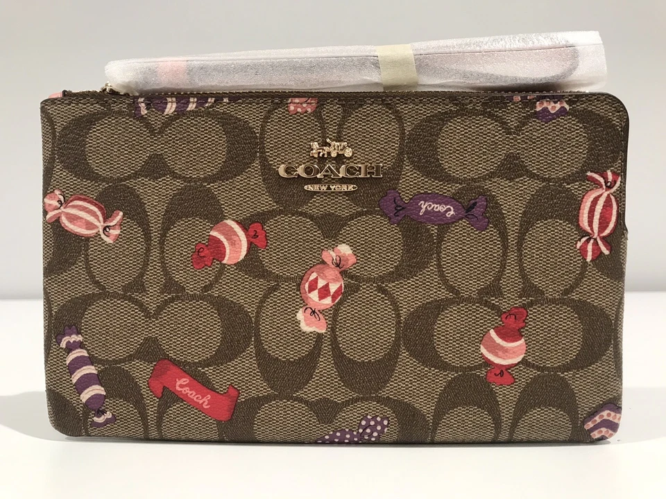 Coach Signature Canvas Candy Print Large Corner Zip Wristlet C1892 Khaki