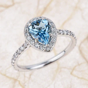 1.65 TCW Diamond & Aquamarine Solid 14K White Gold Engagement Rings Certified - Picture 1 of 6