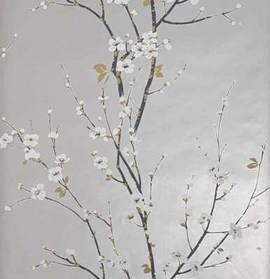 Monterey Silver metallic Mist Floral gray trees Branches white flowers Wallpaper - Image 1 of 4