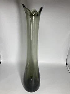 Vintage Swung Vase 19” Smoky Green Gray 1” Base Polished Pontil Gorgeous - Picture 1 of 20