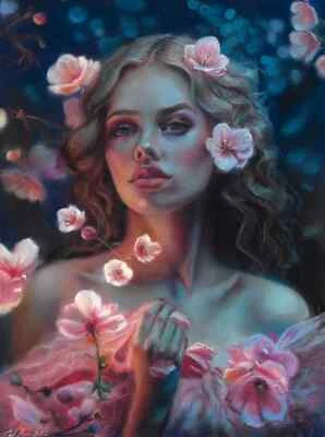 joli portrait de femme en fleur  30 x 40 cm petit chef d'oeuvre pastel original - Photo 1/4