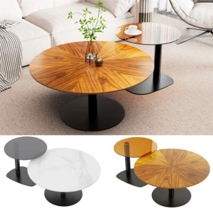 2x Modern Coffee Table Set Round Nesting Table Beech Wood/Sintered Stone + Glass - Picture 1 of 24