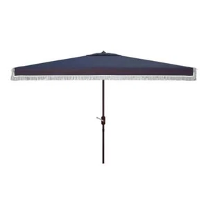 Safavieh Milan Fringe 6.5x10ft Rectangle Crank Metal/Polyester Umbrella in Navy - Picture 1 of 5