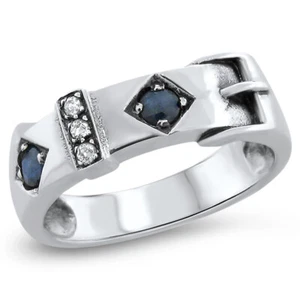 GENUINE SAPPHIRE & WHITE TOPAZ 925 SOLID STERLING SILVER BUCKLE RING     #859 - Picture 1 of 3