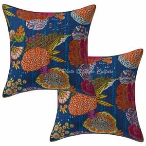 Ethnic Cotton Pillow Covers Blue 16 x 16 Kantha Indian Cushion Covers Set Of 2 - Picture 1 of 5