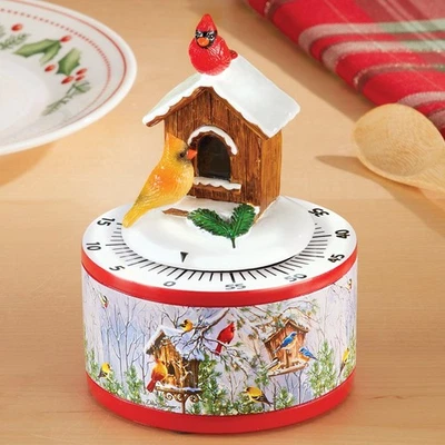 Snowy Winter Cardinal Birdhouse Resin 60-Minute Wind Up Mechanical Kitchen Timer - Image 1 of 4