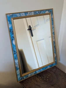 Vintage Wall Mirror Blue Floral and Gold Framed MCM  - Picture 1 of 14