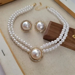 High Gloss Mulitilayered Pearls Necklace Vintage Jewelry Set Party - Picture 1 of 9