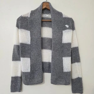 Abercrombie Kids Striped Cardigan Sz Girls M Fuzzy Wool Blend Open Logo Sweater - Picture 1 of 13