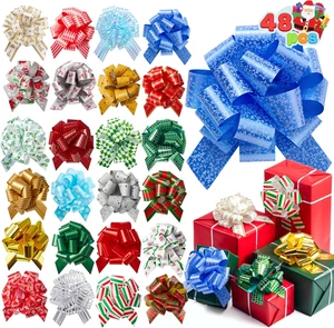 48 PCS Christmas Pull Bows with Ribbon 5” Wide for Gift Wrapping & Gift Tags, Bo - Picture 1 of 12