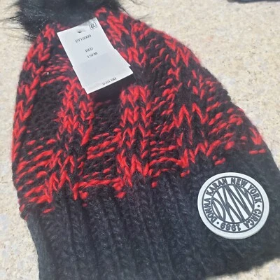 DKNY DONNA KARAN 1989 GORRO TEJIDO CABLE ROJO/NEGRO CON POM MUJER TALLA ÚNICA Foto 1 de 3