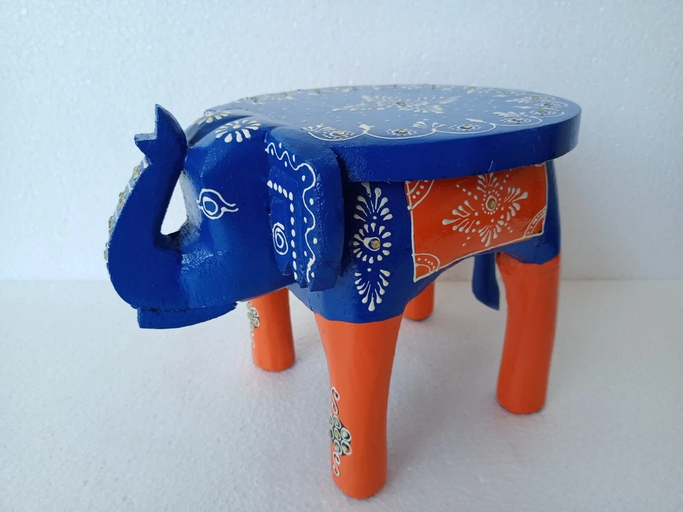 Handmade Elephant shape Hand painted Brass Wooden Stool Cum Side Table Furniture - Image 1 of 4