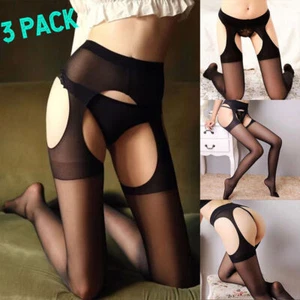 3x Suspender Tights for Women Sheer Open Crotch pantyhose High Waist Garter Belt - Picture 1 of 12