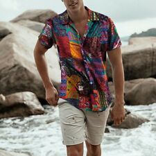 Mens Ethnic Short Sleeve Shier LinenBlouse Printing Hawaiian Shirt Blouse Top