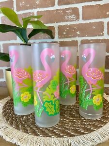 Flamingo Frosted Hard Plastic Tea Glasses Cups Tropical Summer Palm Tiki Set 4