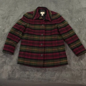 Vintage LL Bean Jacket Womens Medium Red Green Tartan Quilted Wool Coat Chores - Picture 1 of 8