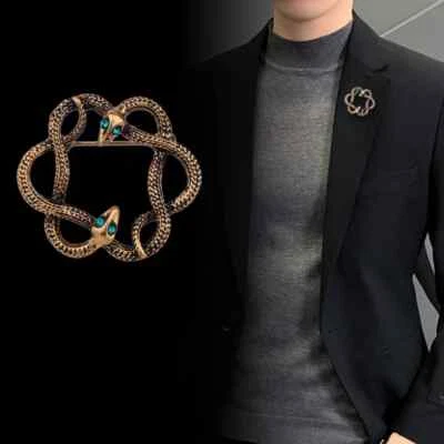 Vintage Retro Style Snake Animal Brown Brooch Pin Crystal Rhinestone Men's Suit  - Image 1 of 3