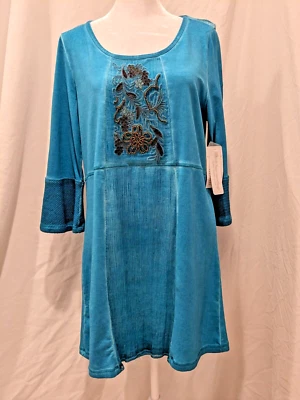 NWT Soft Surroundings Beaded Embroidered Tunic Top Teal Silk Trim Womens Small - Image 1 of 4
