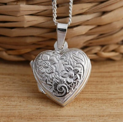 925 Sterling Silver Flower Heart Photo Locket Pendant Necklace Gift Box - Image 1 of 4