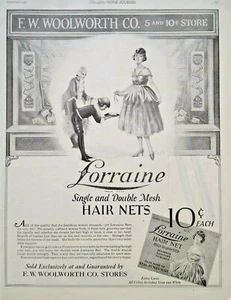 Redes para el cabello Lorraine 1921 F.W. Anuncio impreso de arte de colección de la tienda Woolworth - Imagen 1 de 2