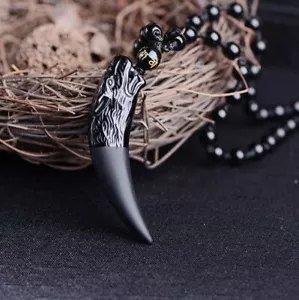 Natürliche schwarze Obsidian Kristall Wolf Zahn Halskette Anhänger Perle mit Kette - Bild 1 von 9