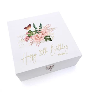 Personalised Luxury Wooden Birthday Keepsake Box With Flowers Butterflies UV-51 - Picture 1 of 4