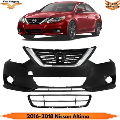 Front Bumper Cover Primed & Bumper Grille Kit For 2016-2018 Nissan Altima Foto 1 de 4