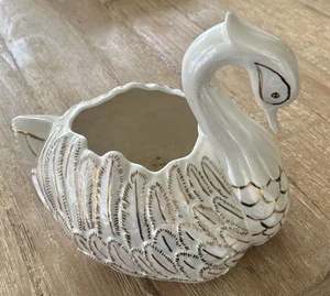Vintage Ceramic Porcelain Swan Planter Ivory White Gold Metallic Mid Century 70s - Picture 1 of 6