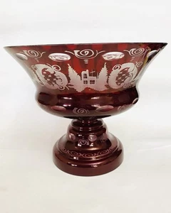 Bohemian Czech Egermann Cut to Clear Ruby Red Glass Large Compote Footed Bowl - Picture 1 of 7