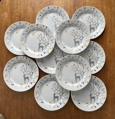 11 Pottery Barn LUXE CARIBOU RENAS 9” Prato Salada Almoço Folhas de Ouro Prata - Imagem 1 de 4