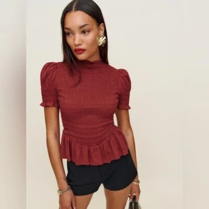NEW Reformation Aggie Short Sleeve Top Rubies Dark Red Smocked Top | size XS - Picture 1 of 11