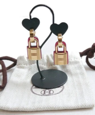 Authentic HERMES Earrings Padlock O'Kelly Leather #7033 - Image 1 of 4