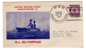 #718 Olympics 1932 FDC - U/O U.S.S. Pennsylvania Navy Crosby W/CONTENT - Picture 1 of 2