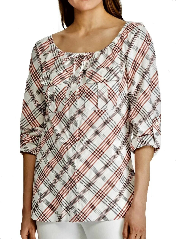 Ralph Lauren Womens White Plaid Tie Neck Button-down Top Shirt L BHFO 9752