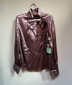 Ryegrass Womens Rose Gold Neck Bow Blouse Long Sleeve Mock Neck Medium New - Picture 1 of 9