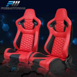 Adjustable Universal Racing Seat Honeycomb Red Black PU Leather & Dual Slider x2 - Picture 1 of 10