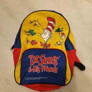Vintage Dr Seuss And His Friends Blue/Yellow Vinyl Cat In The Hat Green Backpack - Picture 1 of 6
