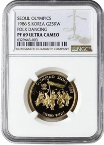 1986 South Korea 25,000 Won Seoul Olympics Folk Dancing Gold Coin NGC PF 69 UC - Picture 1 of 2