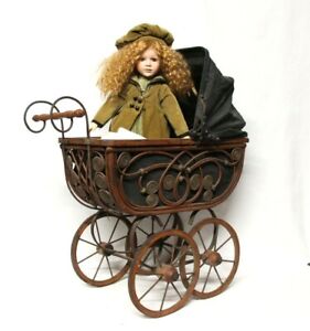 Vintage Antique Wooden Iron Doll Buggy Stroller & 16 In. Porcelain Doll