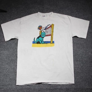 Vintage 90s Beach Volleyball Dog Graphic T Shirt Mens XL White Summer Vacation - Picture 1 of 7