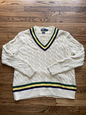 Suéter Polo Ralph Lauren Tejido a Mano Cable Cricket L Algodón Cuello en V De Colección Preppy Foto 1 de 4