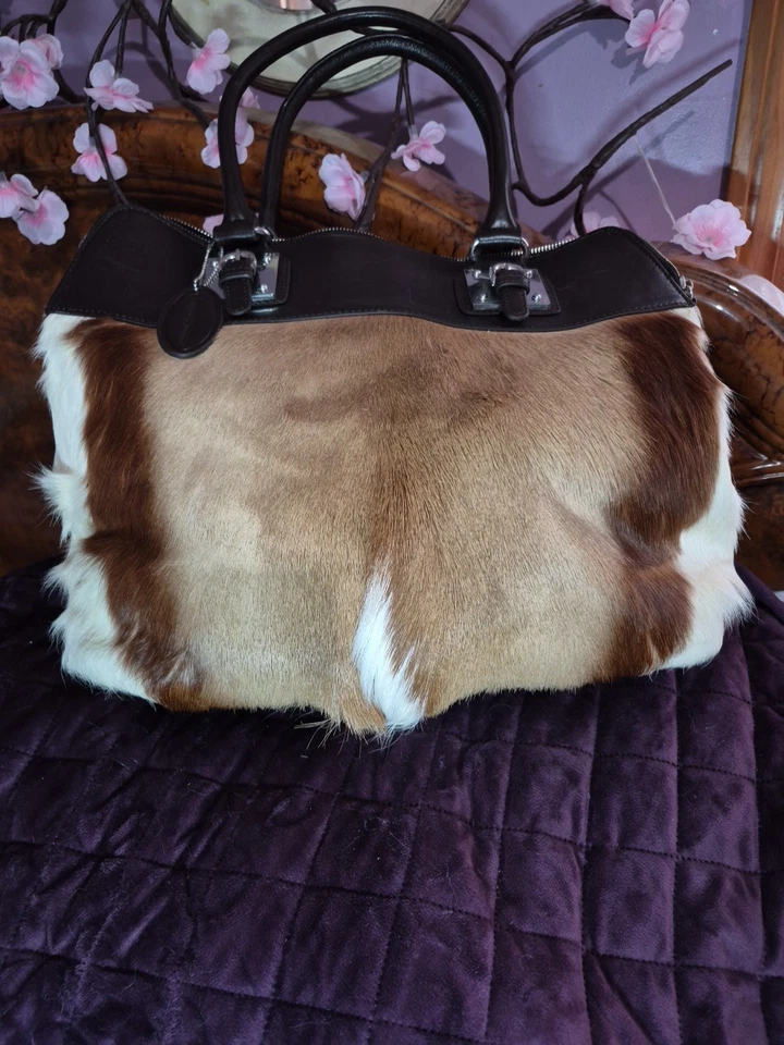 Wilson Leather Messenger Handbag Brown With Deer Fur Silvertone Hardware - Image 1 of 4